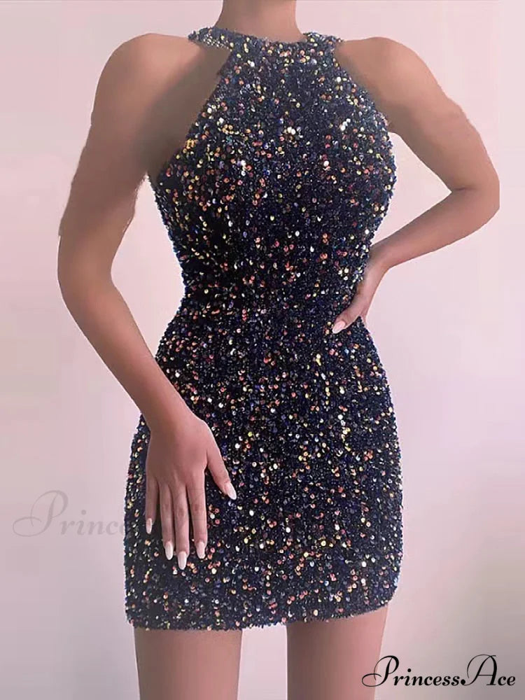 Sleeveless Off Shoulder Skinny High Waist Halter Chain Sequin Dress