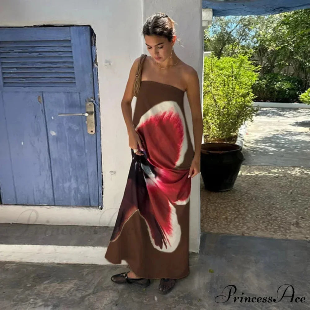 Sleeveless Off-The-Shoulder Patterned Flower Dress Brown / S