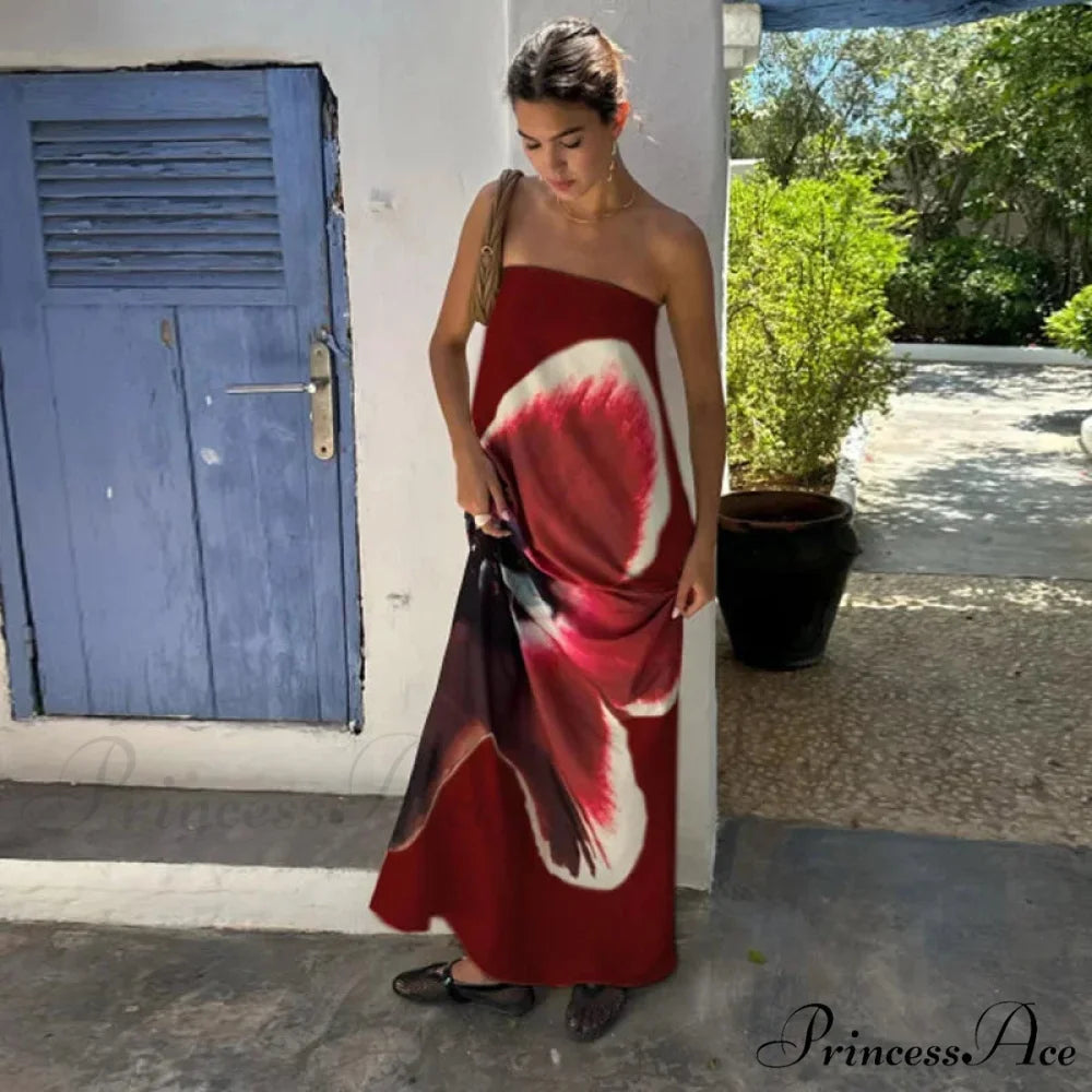 Sleeveless Off-The-Shoulder Patterned Flower Dress claret / S