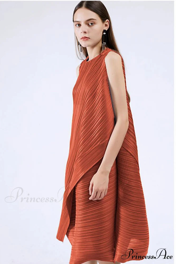Sleeveless Pleated Midi Dress with Irregular Hem Brick Red / One Size
