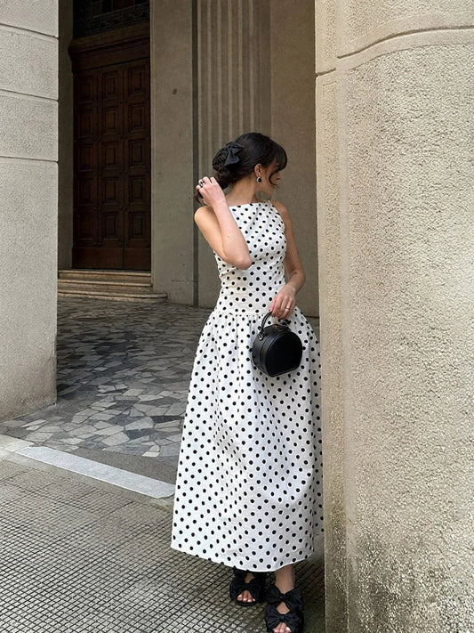 Sleeveless Polka Dot Casual Maxi Dress