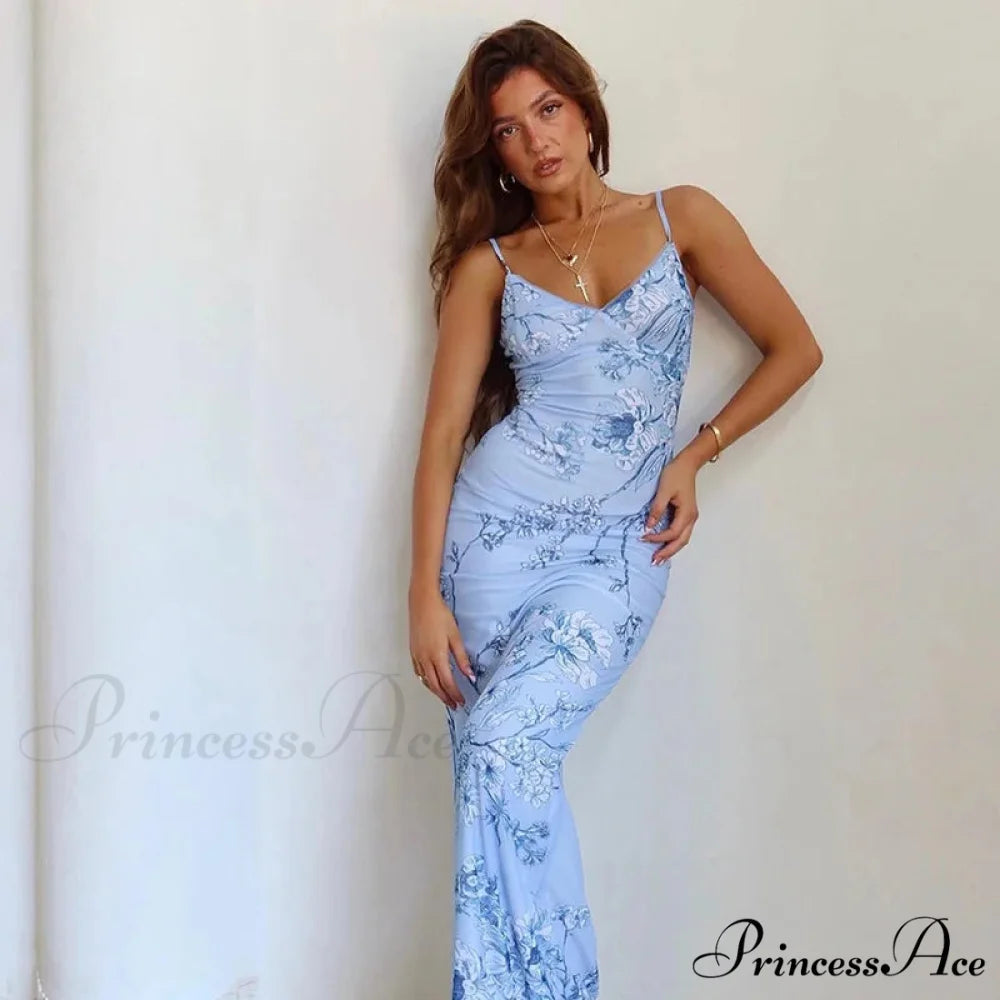 Sleeveless Print Fashion Vneck SlimLong Summer Beach Party Club Robe Floral Dress Blue / S