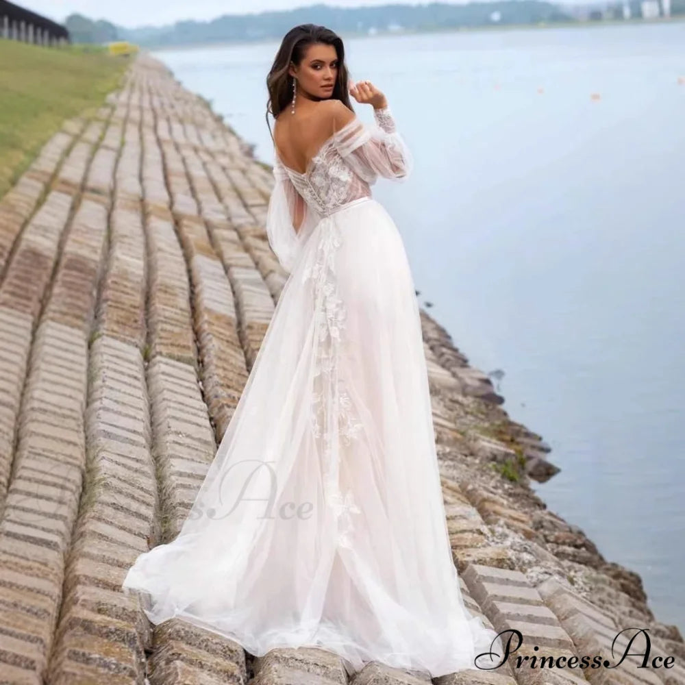Sleeveless Puffy Sleeve Transparent Bridal Gown weddingdress-250223