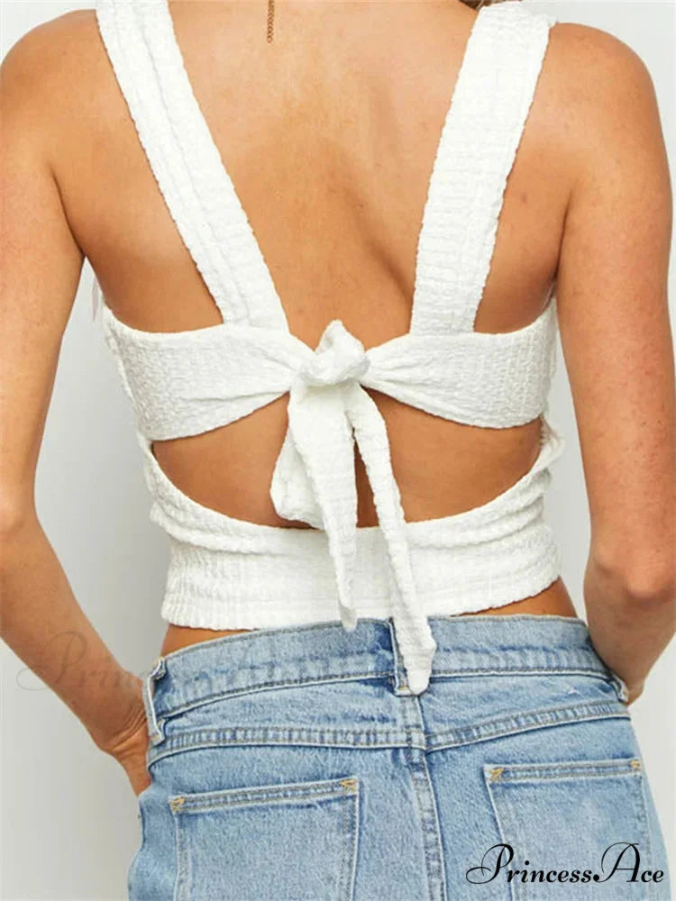 Sleeveless Quadrilateral Neck Bow Tie-up Crop Top croptop-250126