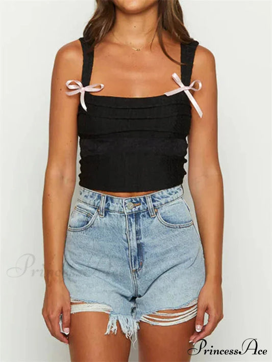 Sleeveless Quadrilateral Neck Bow Tie-up Crop Top croptop-250126