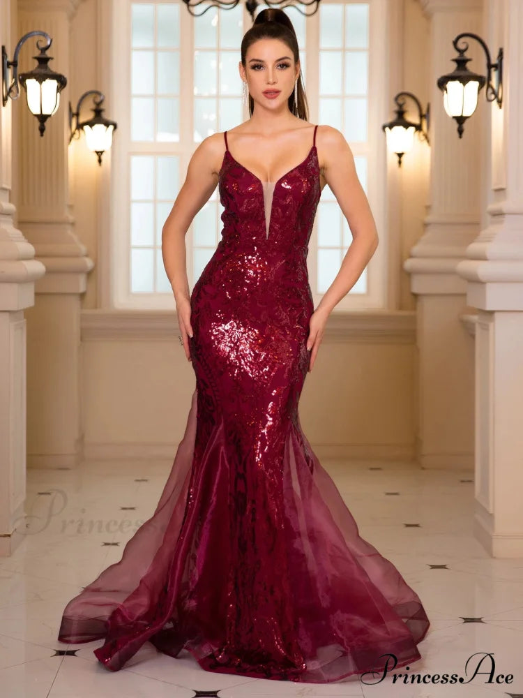 Sleeveless Sequined Mermaid Party Dress Burgundy / S