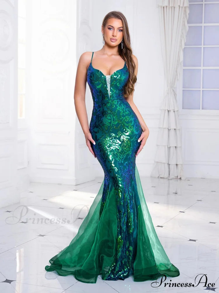 Sleeveless Sequined Mermaid Party Dress Green / S