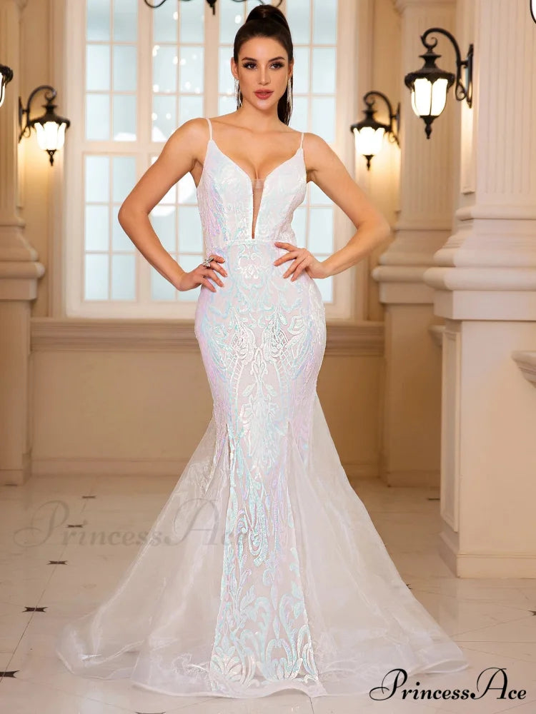 Sleeveless Sequined Mermaid Party Dress WHITE / S