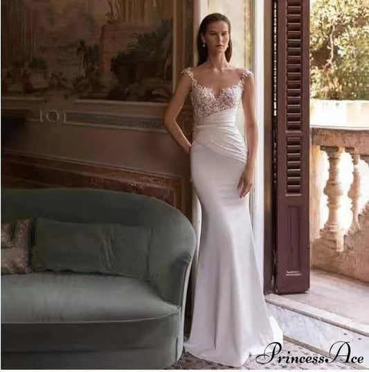 Sleeveless Silk Trumpet Bridal Wedding Gown lvory white / 2 weddingdress-250223