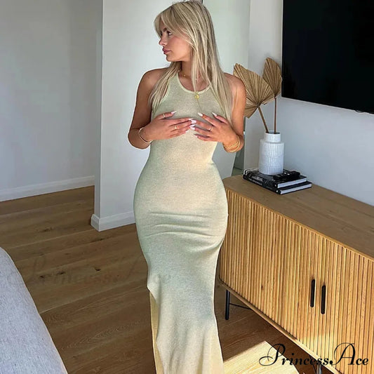 Sleeveless Split Chic Rave Festival See Through Glitter Midi Dress apricot / S