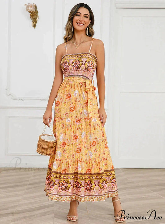 Sleeveless Suspender Dress with Solid Color Stitching S / ORANGE