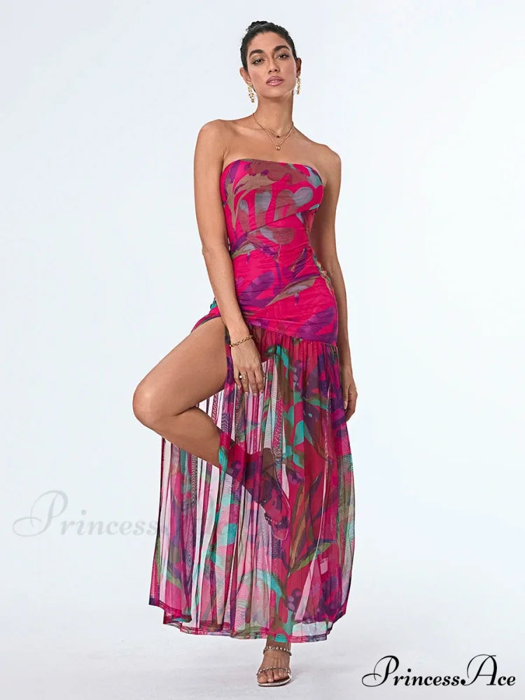 Sleeveless Tall Split Mesh Hem Floral Dress floraldress-250126