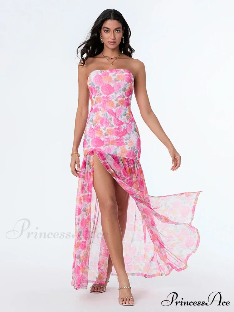 Sleeveless Tall Split Mesh Hem Floral Dress floraldress-250126