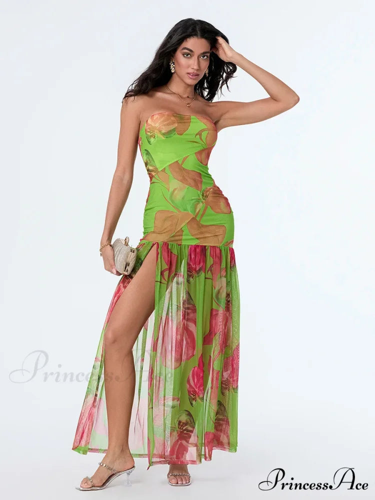 Sleeveless Tall Split Mesh Hem Floral Dress GREEN / S floraldress-250126