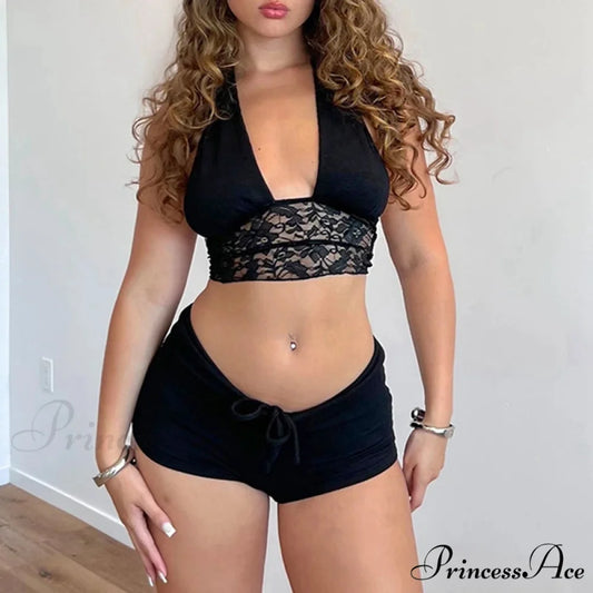 Sleeveless Tie-Up Camis Lace Patchwork Halter Crop Top Mini Shorts Two Pieces Set Black / S twopiecesset-250126