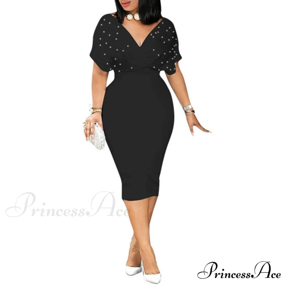 Sleeveless Turn Down Collar Office Lady Pencil Dresses black / S