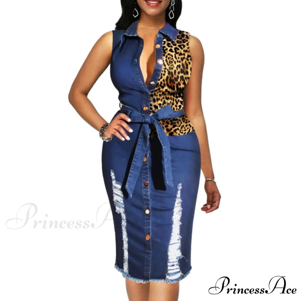 Sleeveless Turn Down Collar Office Lady Pencil Dresses Blue / S