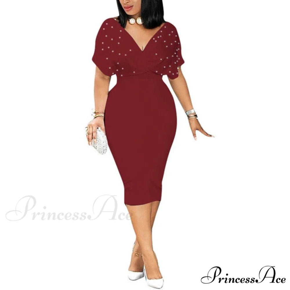 Sleeveless Turn Down Collar Office Lady Pencil Dresses Burgundy / S