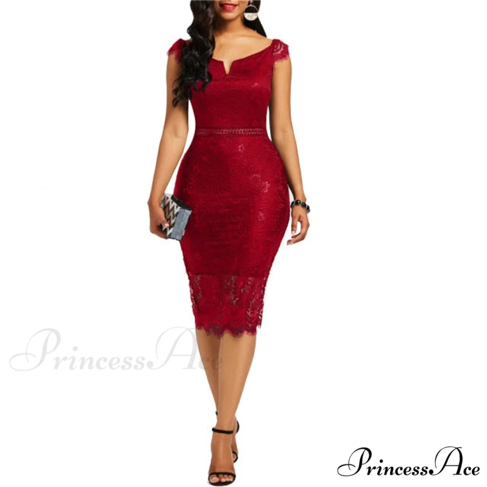 Sleeveless Turn Down Collar Office Lady Pencil Dresses Dark Red B / S