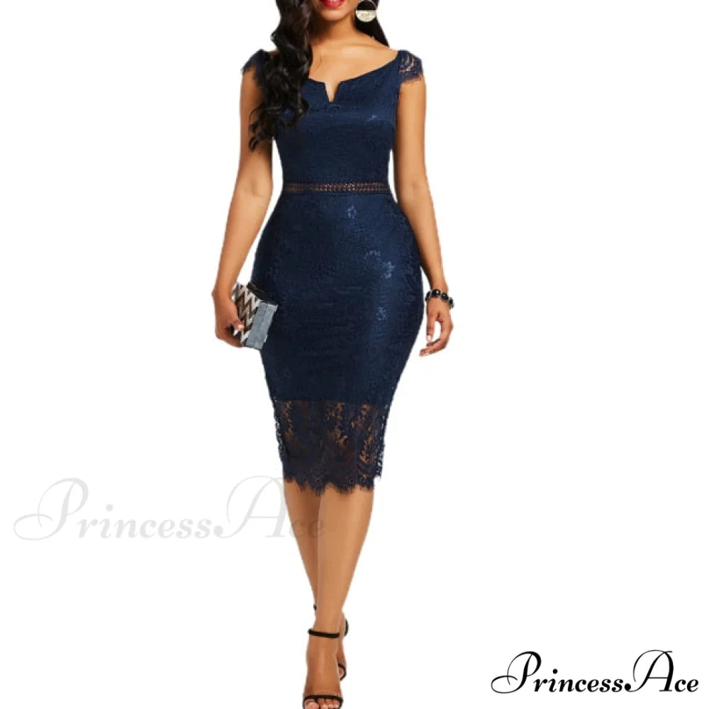 Sleeveless Turn Down Collar Office Lady Pencil Dresses Navy Blue / S