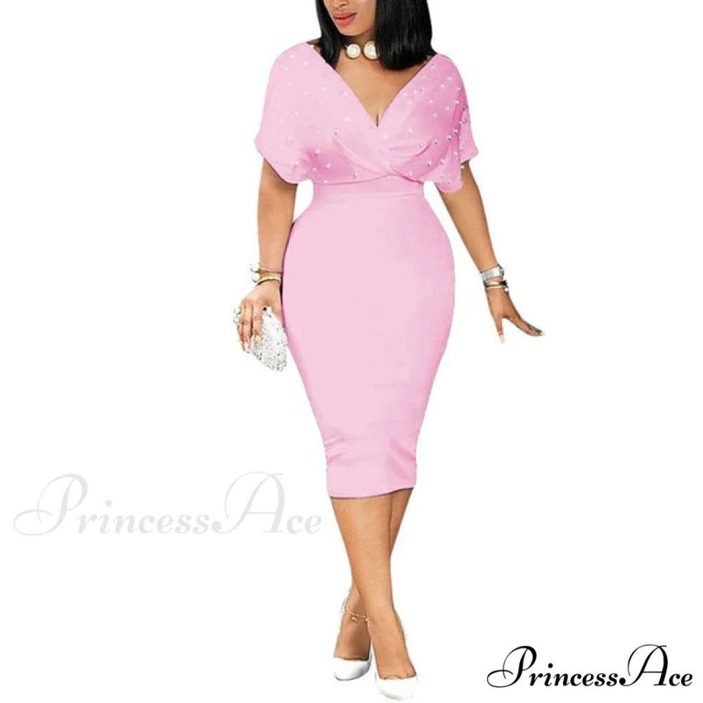 Sleeveless Turn Down Collar Office Lady Pencil Dresses Pink / S