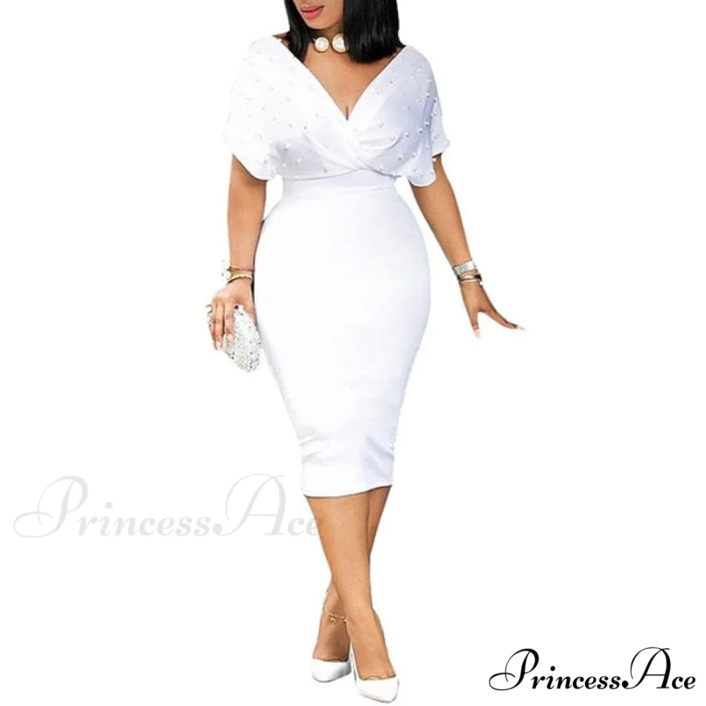 Sleeveless Turn Down Collar Office Lady Pencil Dresses white / S