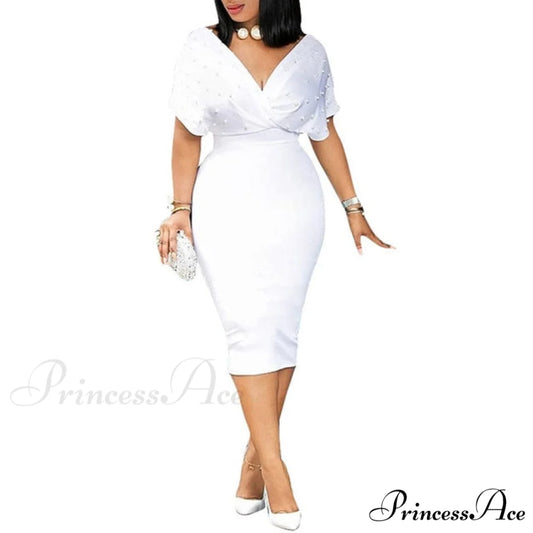 Sleeveless Turn Down Collar Office Lady Pencil Dresses white / S