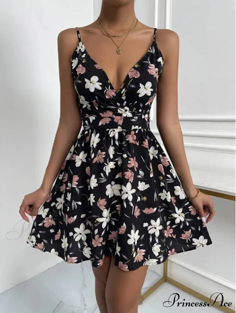 Sleeveless V-Neck Backless Mini Dress for Summer Parties S / BLACK