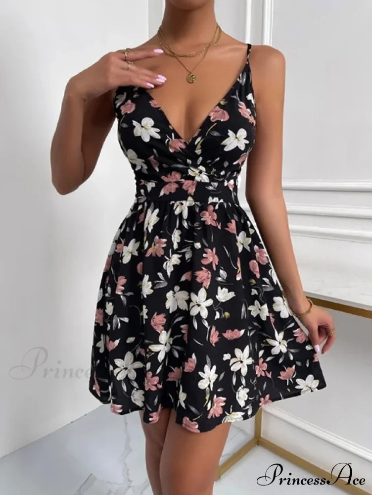Sleeveless V-Neck Backless Mini Dress for Summer Parties S / KHAKI