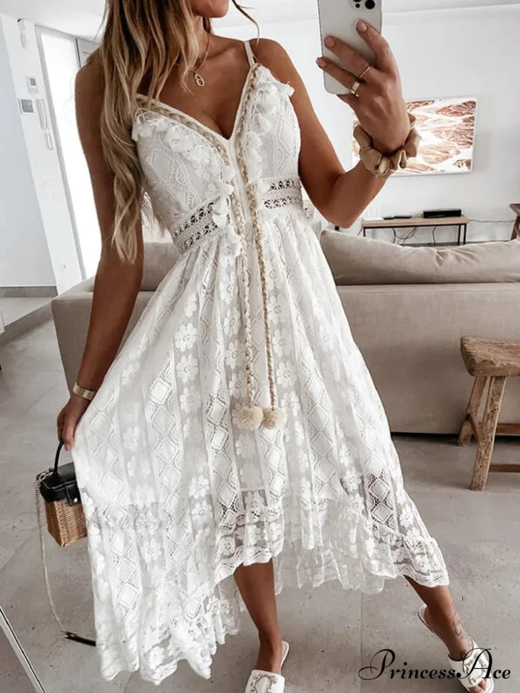 Sleeveless V-neck Dress with Tassel Ruching