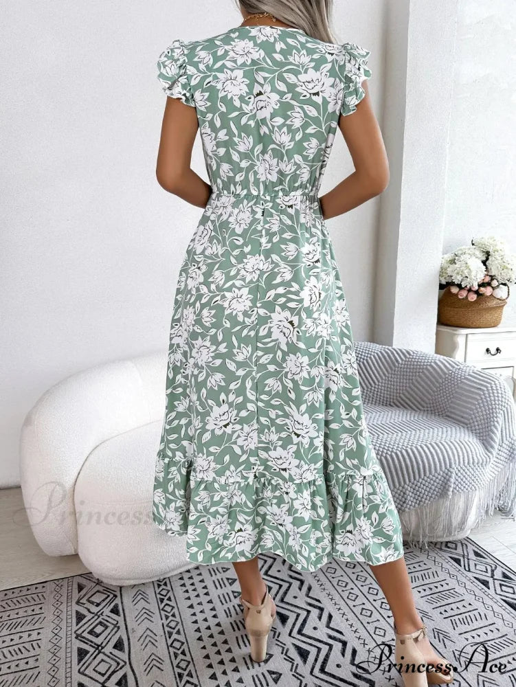 Sleeveless V Neck Summer A Line Midi Dress Boho Dress