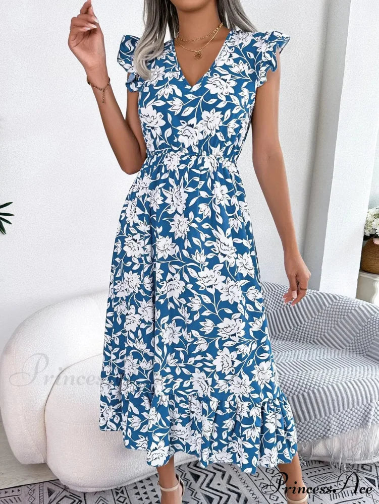 Sleeveless V Neck Summer A Line Midi Dress Boho Dress DEEP BLUE / S