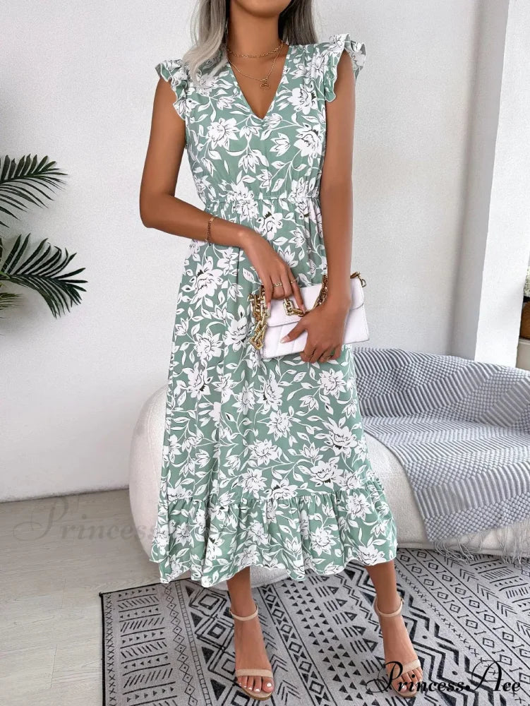 Sleeveless V Neck Summer A Line Midi Dress Boho Dress Light Green / S