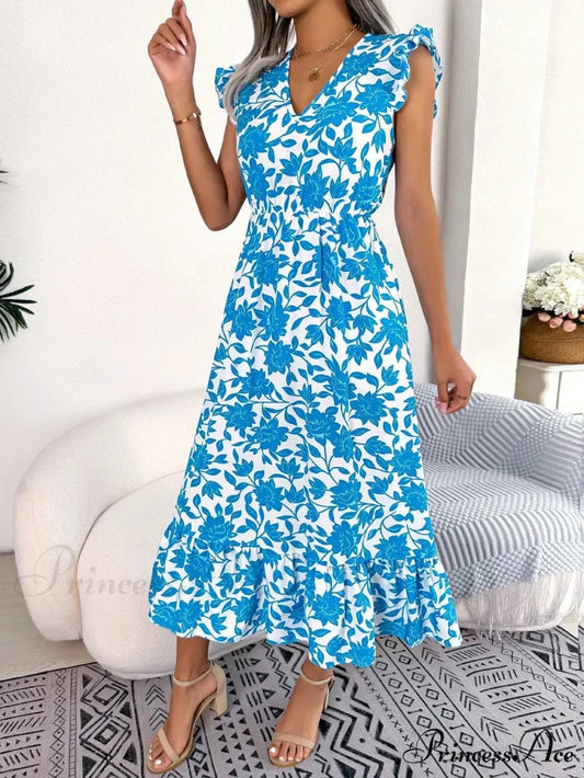 Sleeveless V Neck Summer A Line Midi Dress Boho Dress WHITE / S