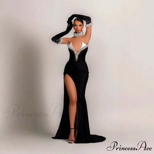 Sleeveless Velvety Embellished Puffy Maxi Prom Dress black / XS promdress-250223