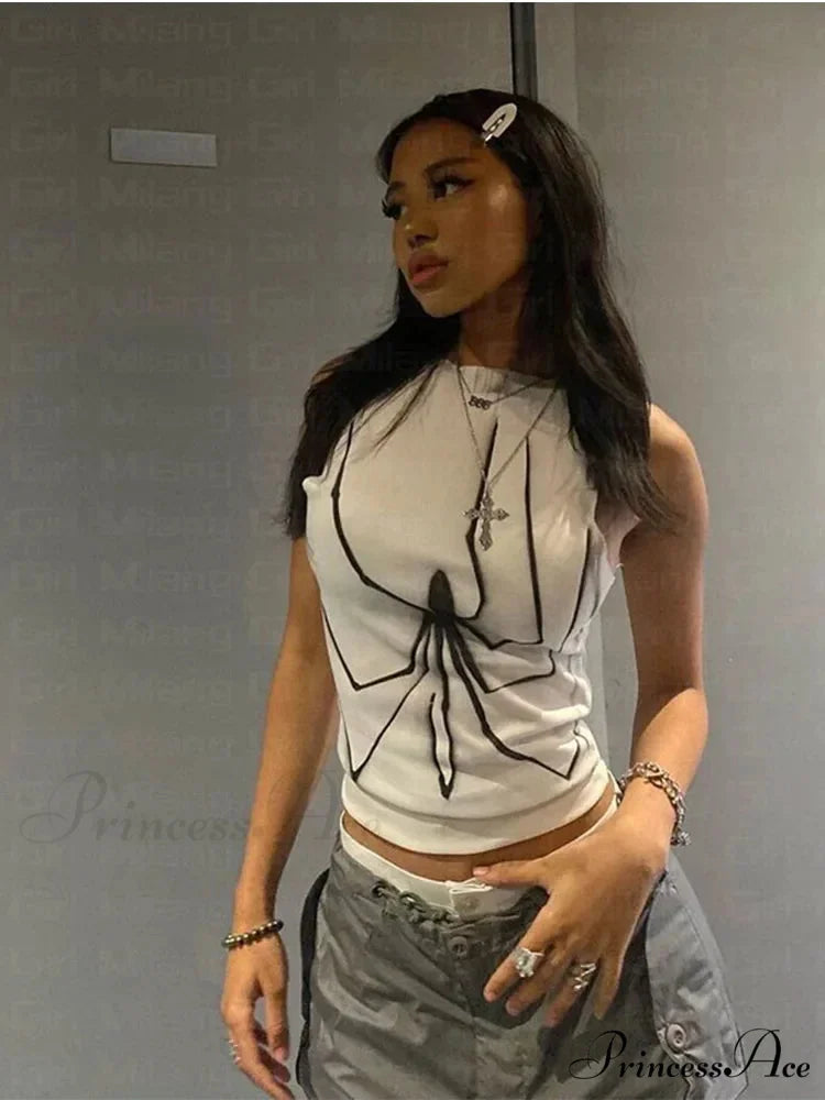 Sleeveless White Summer Print fairy trashy spider print Sleeveless Harajuku Streetwear Slim Y2k Clothess Tank top