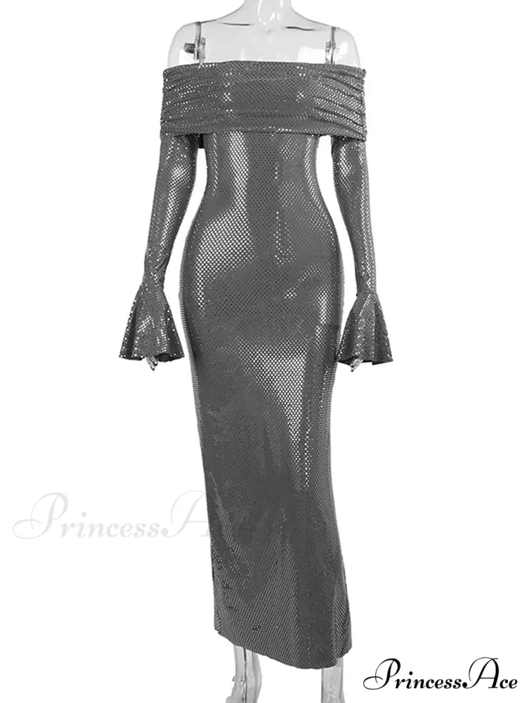 Sleeveless Winter Off Shoulder Sexy Evening Fashion Party Night Club Bodycon Dress GRAY / S