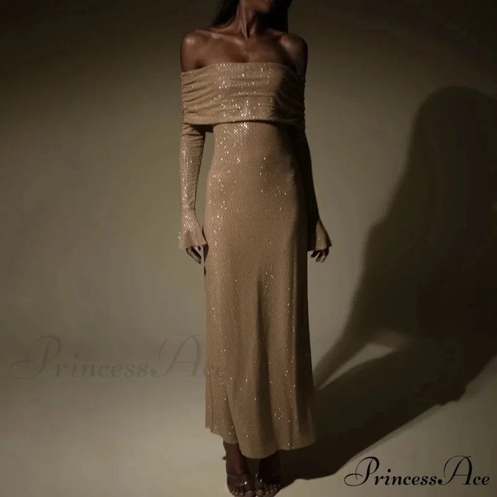 Sleeveless Winter Off Shoulder Sexy Evening Fashion Party Night Club Bodycon Dress Khaki / S