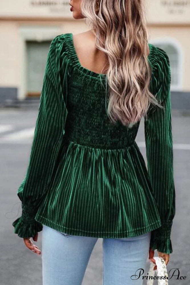 Sleeves Arm The with Top Lantern Detail Peplum for Off Smocked Velvet Long and Shoulder Women