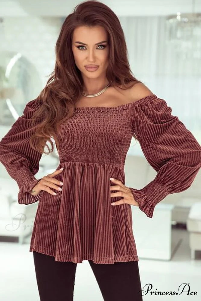 Sleeves Arm The with Top Lantern Detail Peplum for Off Smocked Velvet Long and Shoulder Women