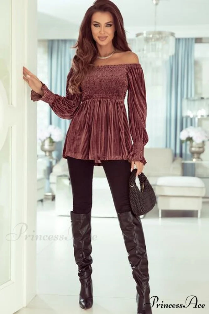 Sleeves Arm The with Top Lantern Detail Peplum for Off Smocked Velvet Long and Shoulder Women