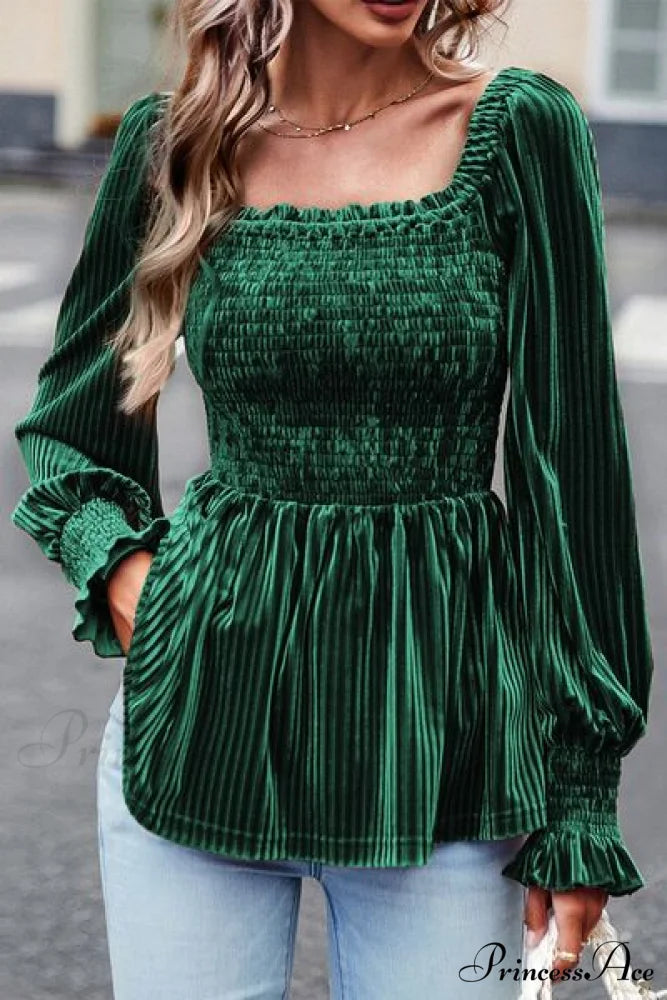 Sleeves Arm The with Top Lantern Detail Peplum for Off Smocked Velvet Long and Shoulder Women Green / S