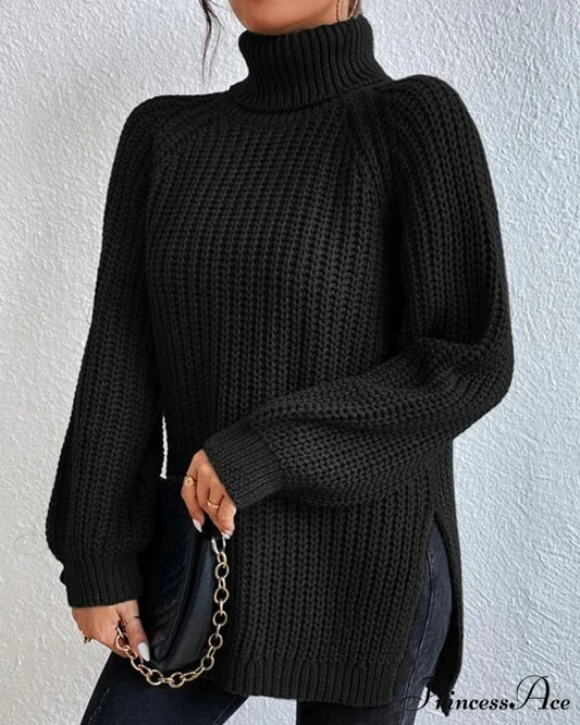 sleeves with raglan sweater and Turtleneck slit