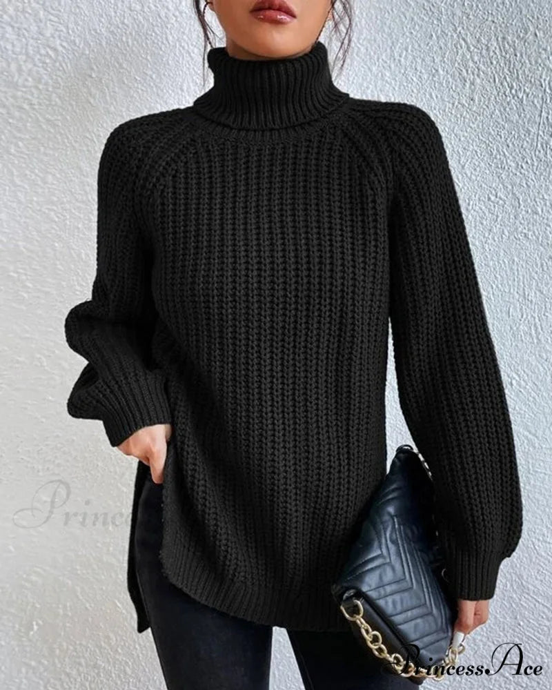 sleeves with raglan sweater and Turtleneck slit Black / S