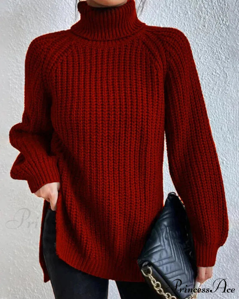 sleeves with raglan sweater and Turtleneck slit Burgundy / S