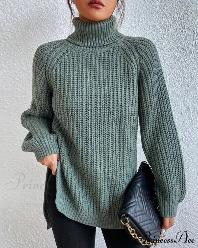 sleeves with raglan sweater and Turtleneck slit Green / S