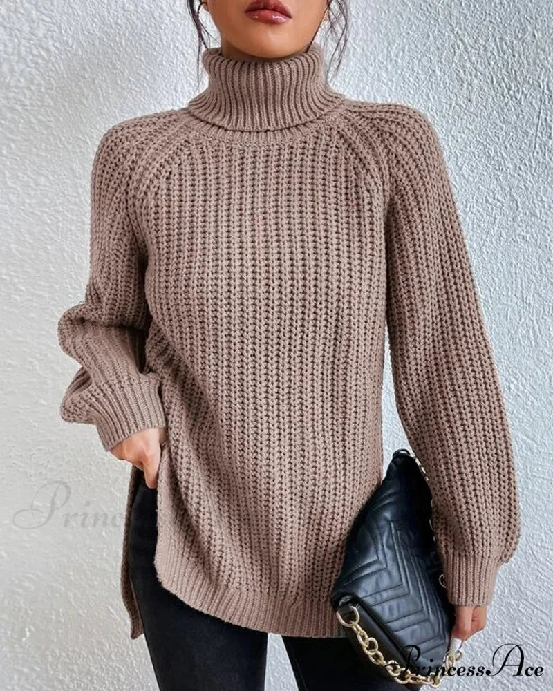 sleeves with raglan sweater and Turtleneck slit Khaki / S