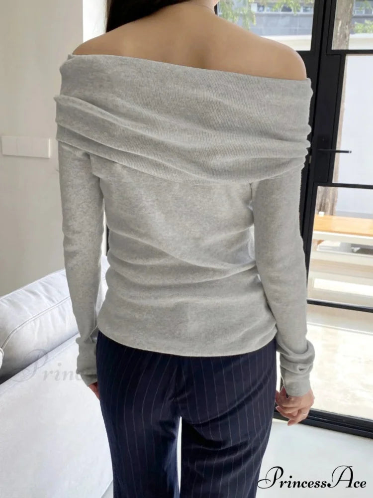 Slender Off-Shoulder Monochrome Slash Neck Extended Sleeve Knit Top knittop-250126