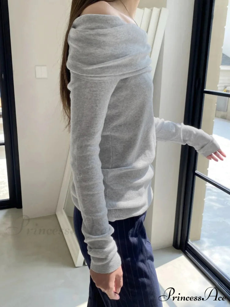 Slender Off-Shoulder Monochrome Slash Neck Extended Sleeve Knit Top knittop-250126