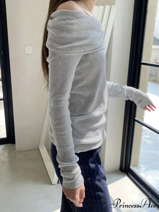 Slender Off-Shoulder Monochrome Slash Neck Extended Sleeve Knit Top knittop-250126